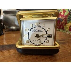 Vintage Tradition Wind Up Travel Time Date Alarm Clock Fold Up Black
